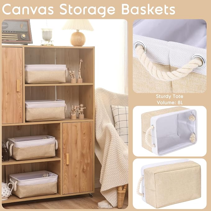 Sea Team Compact Rectangle Canvas Open-Top Storage Baskets, 3-Pack | Collapsible Fabric Storage Bins with Handles, Closet Shelf Organizers, 12 x 8 x 5 Inches, Beige & White