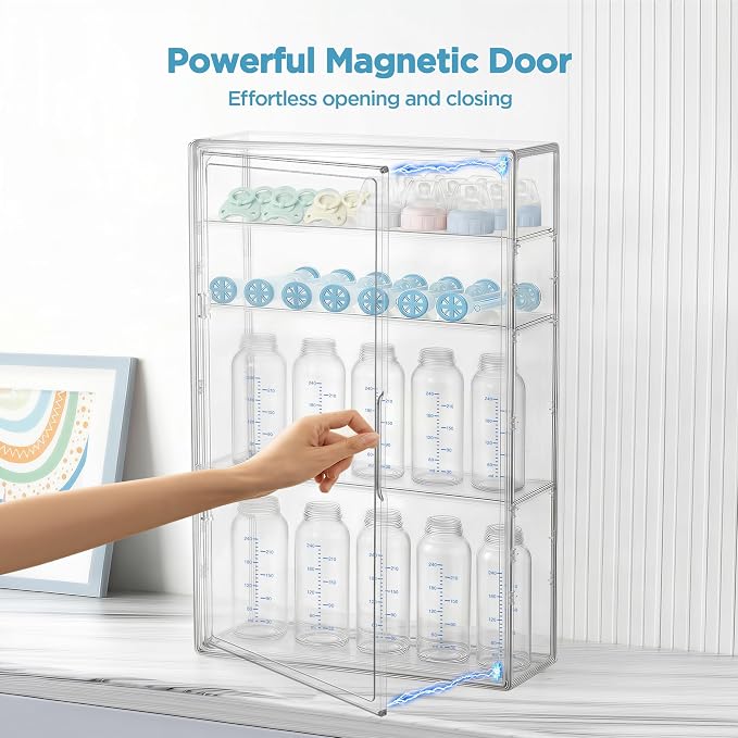 HBlife Baby Bottle Storage Organizer for Wall Countertop Cabinet, 4 Tiers Adjustable Clear Acrylic Bottles Storage Station Case Box Container with 3 Removable Dividers and Magnetic Door, Large