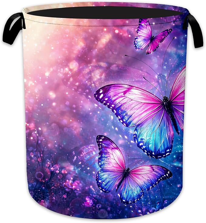 Butterfly Fantasy Laundry Basket, Foldable Oxford Cloth Purple Blue Laundry Hamper with Handles, Tote Bag Clothes Storage Bucket for Laundry Room/Bathroom/Bedroom/Dormitories 20.8"x16"