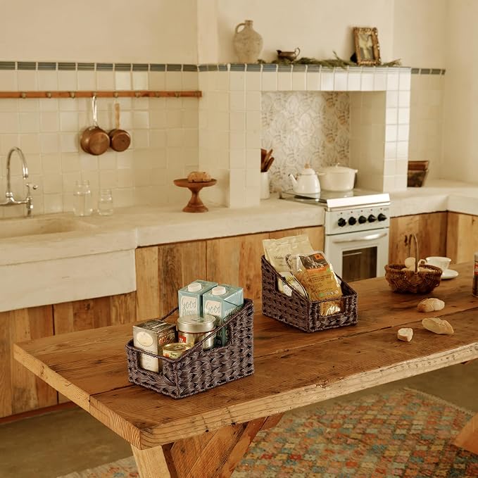 GRANNY SAYS Wicker Storage Baskets, Waterproof Wicker Basket with Handles | Wicker Storage Baskets for Pantry, Open Front Basket for Shelves, Kitchen Storage Baskets, Decorative Basket for Home Decor
