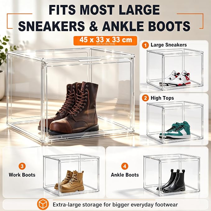 XXX-Large Extra Large Boot & Shoe Acrylic Display Case 17.3'', 1 Pack | Transparent Sneaker Organizer, Clear Plastic Stackable Boot & Shoe Boxes, Large Showcase for Helmet, Handbag, Collectibles