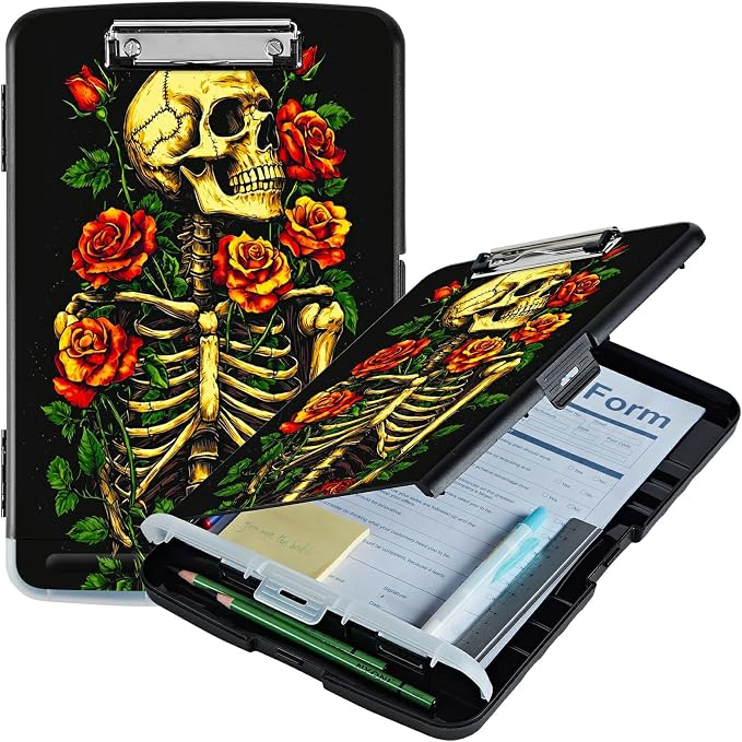 Skull Red Rose A4 Clipboard with Storage Pen Holder, Clipboards Organizer Nursing Clipboard Foldable File Folder Plastic Clipboard Folio Clip Board for Office Students Classroom Doctor