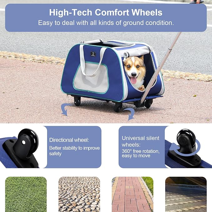 A 4 Pet Foldable Dog Carrier on Wheels, Up to 33 lbs, Navy Blue | Removable base, extendable handle, 4-wheel design, mesh ventilation, safety rope