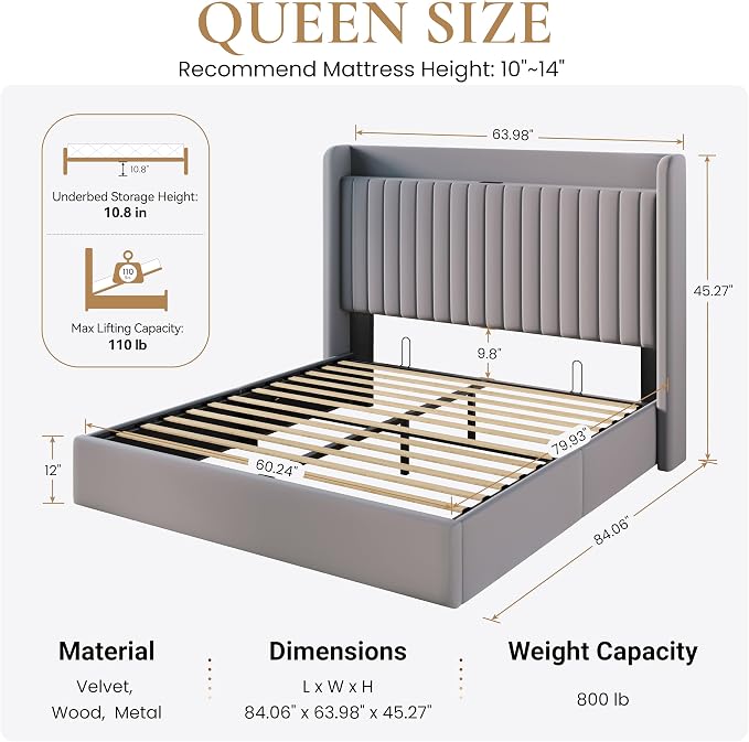 SHA CERLIN Queen Size Lift Up Storage Bed Frame, Charging Station, Grey | Storage Headboard with Charging Station, USB, Type-C Port Velvet Hydraulic Storage Bed No Box Spring Needed Noise Free