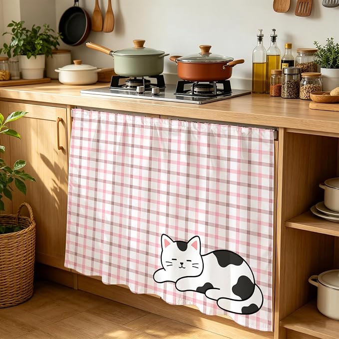 Cute Cat Cabinet Dishwasher Hidden Curtains, Privacy Closet Door Curtain, Pink Brown Checked Modern Pet Cats Rustic Adhesive Dust Proof Under Sink Skirt for Bathroom Kitchen 35"x35"