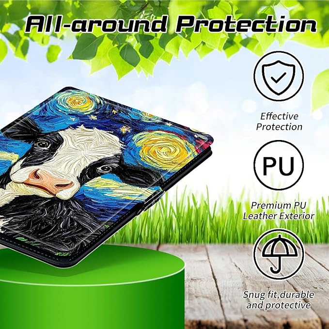 Universal Case for T-Mobile Revvl Tab 2 10.1" Model:9185W 2025/Revvl Tab 5G 10.36" 2023, 360 Degree Rotating Kickstand Protective Stand Leather Shell Cover for 9"-10.5", Black and White Cow