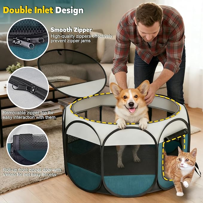 Portable Pet Playpen for Cat Dog: Foldable Cat Playpen Enclosed Pet 10lbs | Small Puppy Kitten Pop Up Collapsible Tent Crates Kennel Carry Bag 600D Oxford Waterproof Base Indoor Outdoor Travel Camping