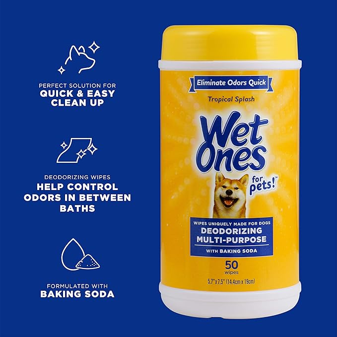 Wet Ones for Pets Deodorizing Dog Wipes with Baking Soda, Tropical Splash Scent - Multipurpose Deodorizing Pet Grooming Wipes in Resealable Canister, 50 Count - 12 Pack