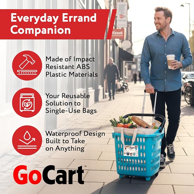 dbest products Bigger GoCart Grocery Cart Rolling Shopping Laundry Basket on Wheels Hamper with Telescopic Handle Cleaning Caddy Trolley, Teal, Bigger 1 pack