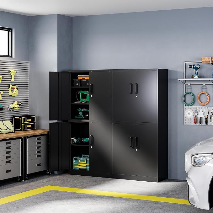 Metal Storage Cabinet with Lock Door, Adjustable Shelf Steel Cabinets for Office, Home,Pantry,Kitchen,Garage Utility Cabinet (4 Door-Black)