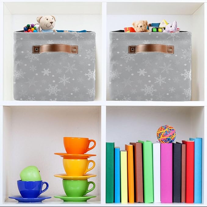 Wamika Winter Snowflake Gray Storage Basket with Waterproof Liner and PU Handles Christmas Snow Xmas Storage Bins Boxes 14.2" Collapsible Decorative Organizer Baskets for Bedroom Closet Office 1 Pack