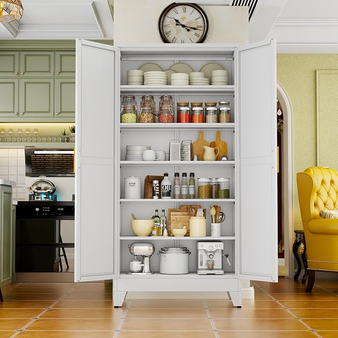 White Metal Storage Cabinet,75" Steel Cabinets for Home Office | Kitchen Pantry Storage Cabinet with Doors and 5 Adjustable Shelves, Tool Cabinets, for Office, Home, Garage, School, 36" W