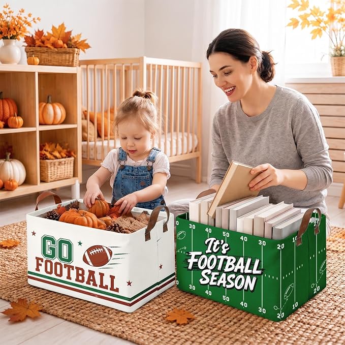 Britimes Football Storage Baskets for Gift, Toy Storage Bins Box,3Pcs Fall | Game Day Canvas Collapsible Baskets Organizer with Handles Football Nursery Decor Laundry Basket for Shelves Closet