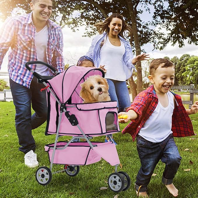 Puppy Stroller, 3 Wheels Pet Dog Cat Stroller, Folding Carrier Waterproof Puppy Stroller with Cup Holder & Removable Liner, Dog Strollers for Small Dogs, for Small and Medium Pets (Pink)