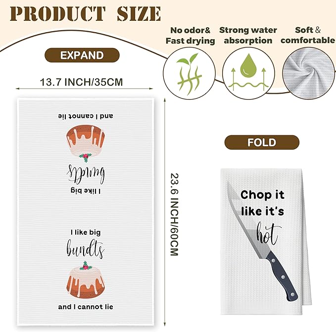 Kitchen Towels Set of 2, Bundts and Knife Dish Towel for Kitchen, Decorative Hand Towels for Bathroom, Fast Drying Tea Towel with Funny Sayings, Housewarming Xmas Gifts for Women Mom -B15