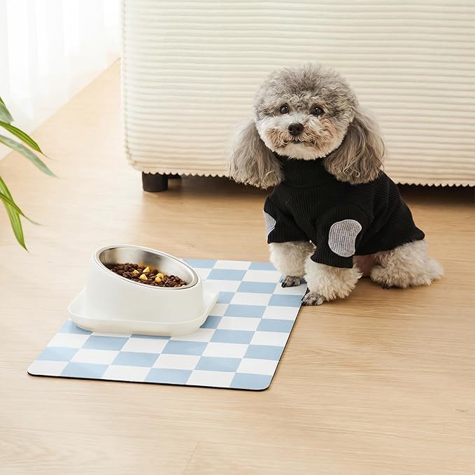 Ralxion Checkered Dog Feeding Mat, Absorbent Mats for Dog Food and Water Bowl, Dispenser, Retro Aesthetic Cute Blue Checkerboard Pet Placemat for Dogs, Cats, Puppy Accessories, 12" X 19”