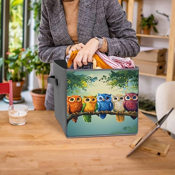 Owl Foldable Storage Bins, 10.6" Cube Storage Organizer, Sturdy Oxford Cloth Fabric Baskets for Closet, Shelf, Nursery, Bedroom, Decorative Printed Box for Toys & Clothes