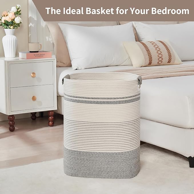 AINUOQI Laundry Basket with Handles - Blanket Basket & Hampers for Bedroom Aesthetic, Laundry Hamper & Blanket Storage for Living Room, Clothes Hamper, Tall, Large 17" x 14" x 22”, Grey & White