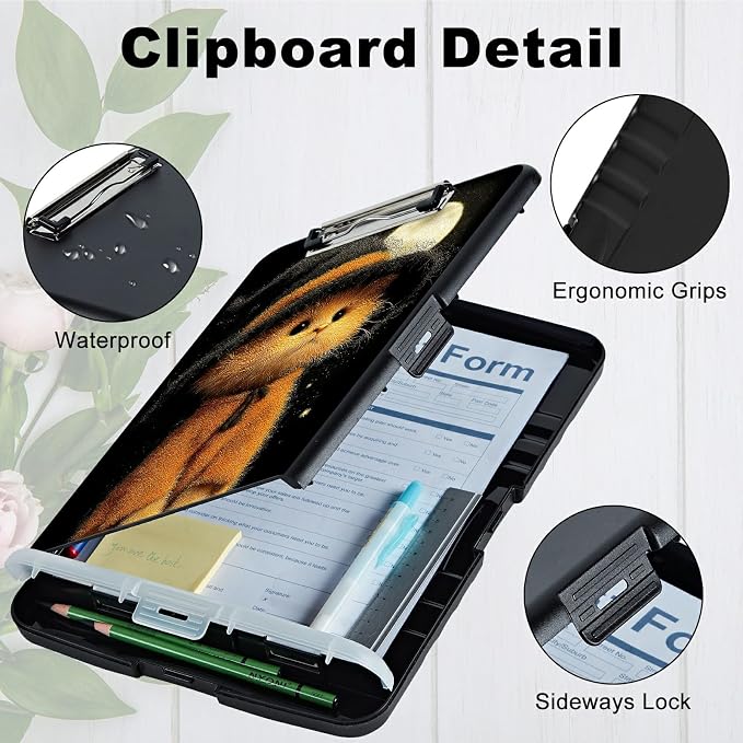 A4 Clipboard with Storage Pen Holder, Clipboards Organizer Nursing Clipboard Foldable File Folder Plastic Clipboard Folio Clip Board for Office Work Classroom Doctor, Black Hat Kitten