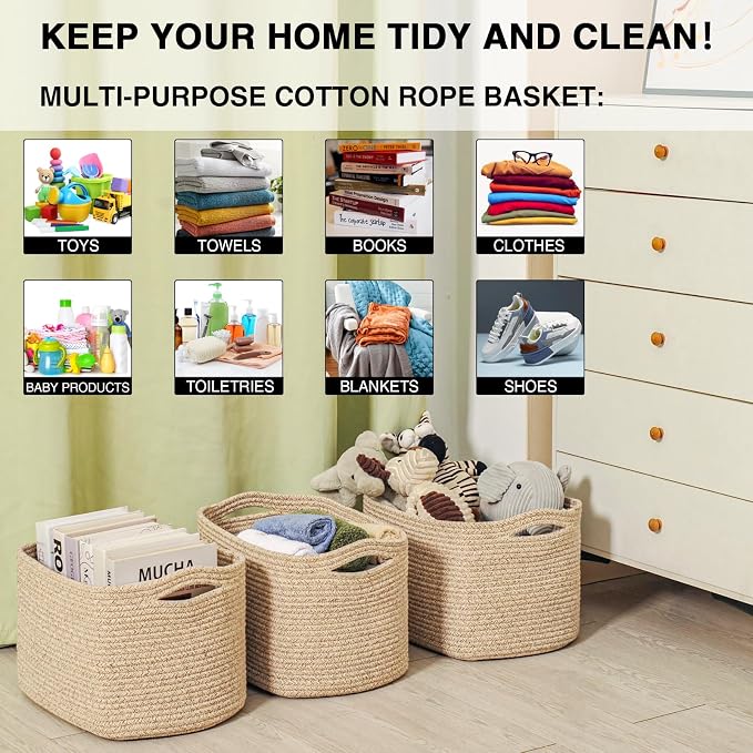 Storage Baskets for Organizing Shelves 14.8×11×9.5 Mixed Brown | Woven Cotton Rope Bins for Storage, Dog Toys, Cute Shelf Basket for Living Room Bedroom Bathroom Nursery, 3 Packs