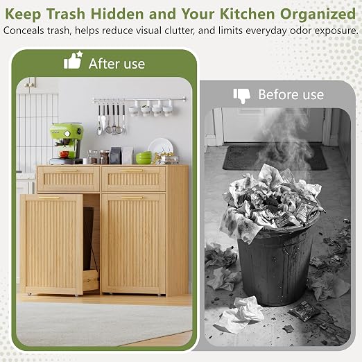 Double 13 Gallon Pull Out Trash Can Cabinet with Drawer, Garbage Cabinet | Pet Proof Hidden Trash Storage, Fluted Farmhouse Design, Space-Saving Kitchen Organizer, Dining Room Storage,Natural Oak