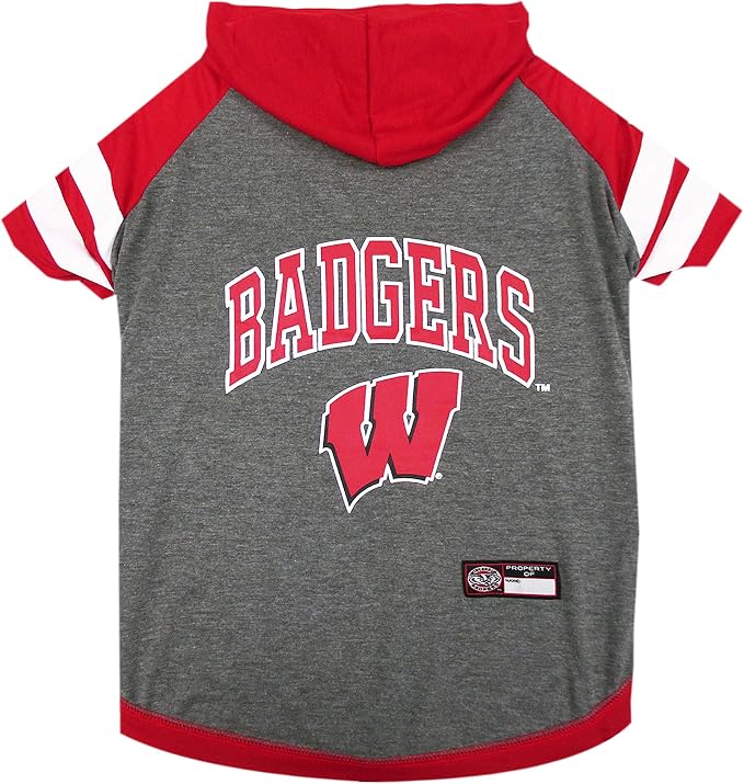 NCAA Wisconsin Badgers Hoodie for Dogs & Cats, Large Collegiate Licensed Dog Hoody Tee Shirt. Sports Hoody T-Shirt for Pets. College Sporty Dog Hoodie Shirt.