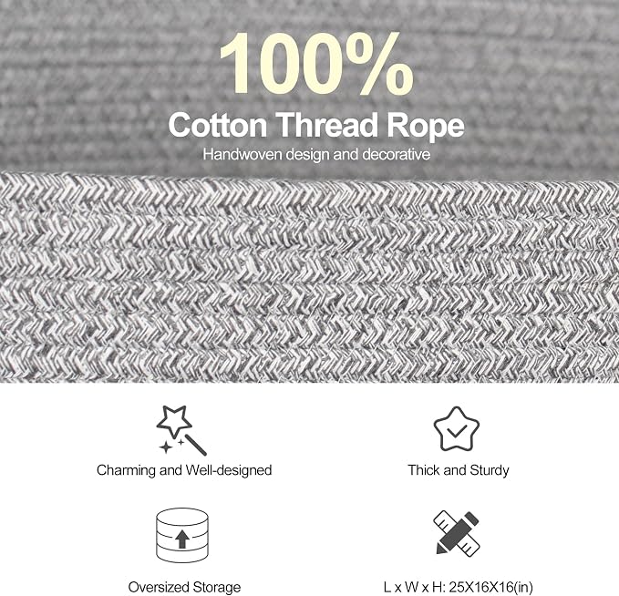 108L Large Storage Basket, 25"x16"x16" Blanket Storage for Living Room, Big Woven Rope Kids Dog Toy Bin Box, Nursery Baby Laundry Basket, Super Large Bin for Blankets, Shoes, Towels, Gray
