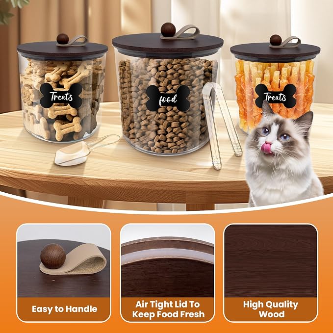 HOYTAMDAR 3 Pack Airtight Dog Treat Containers Bamboo Lids, Dog Treat Jars | Dog Food Storage Container with Scoops, Clamps, Labels and Marker, Dog & Cat Treat Holder