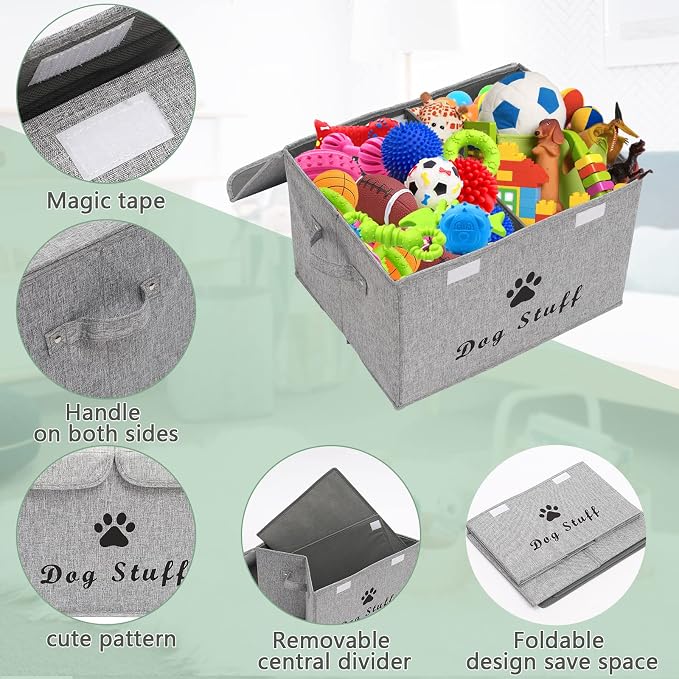 Large Storage Boxes - Large Linen Fabric Foldable Storage Cubes Bin Box Containers with Lid and Handles for Dog Apparel & Accessories, Dog Toys(Snow Grey)