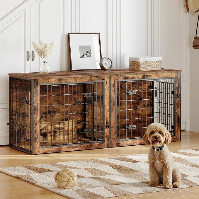 HOOBRO Dog Crate Furniture for 2 Dogs, 63" Large Double Dog Crate Furniture with Divider, Wooden Indoor Kennel TV Stand for Medium Large Dogs, Rustic Brown BF55GW03