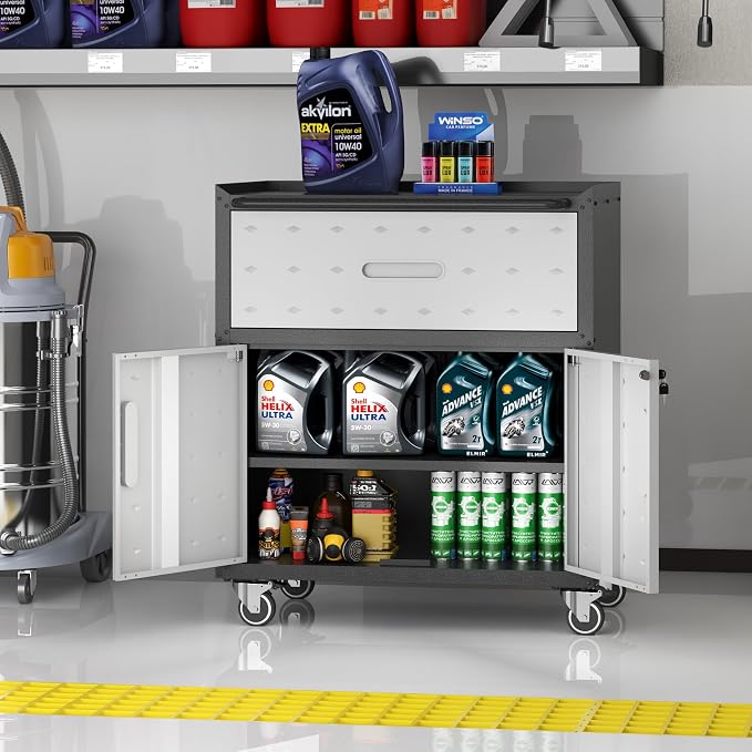 Metal Storage Cabinet for Garage, Tool Cabinet, Utility Cabinet | Wheeled, Rolling Tool Cabinet, Lockable, 2 Doors,1 Drawer, Top Countertop, Assembly Required, Black & Grey