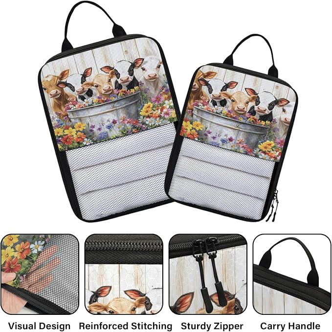 Cute Cow 6 Set Compression Packing Cubes Farmhouse Rustic Cow Flower Expandable Packing Organizer for Travel Accessories Luggage Suitcase Bag