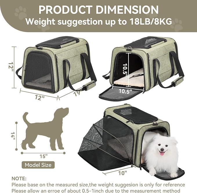 Petsfit Large Expandable Cat Carrier for Travel, Up to 18 lb | 19 x 12 x 12 in; roomy expandable space with a reinforced frame, locking zippers, interior safety tether and large pocket.