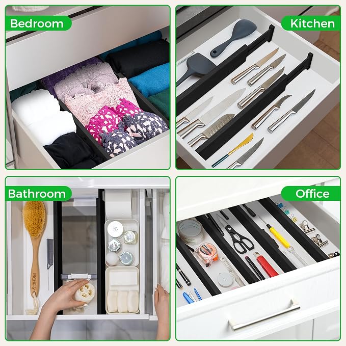 4 Pack Bamboo Drawer Dividers Organizer with Inserts 2.6'' High | Expandable from 12.5-21.7", Adjustable Drawer Organizer Separators for Utensils, Clothing, Office, Dresser, Bedroom, (Black)