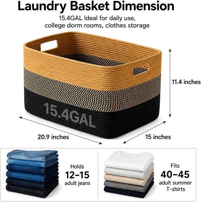 15.4GAL Rope Laundry Basket for Dorm, Cute Boho Square Woven Basket for Living Room Throws Pillow Blanket Storage, Short Dirty Clothes Hamper for Baby Girls Boys Toys Stuffed Animal Towel Khaki Black