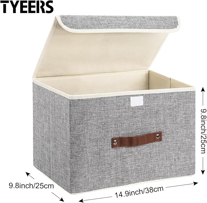 TYEERS Collapsible Storage Boxes, Washable Fabric Storage Bins with Lids, 14.9x9.8x9.8 inches, 2 Pack, Gray