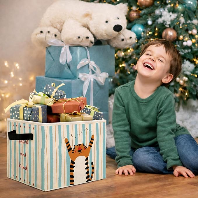 Tiger Storage Bin, Brave and Kind Blue Stripe Foldable Fabric Basket | Foldable tiger fabric organizer with Brave and Kind design for nursery, bedroom, playroom, toys, books, clothes