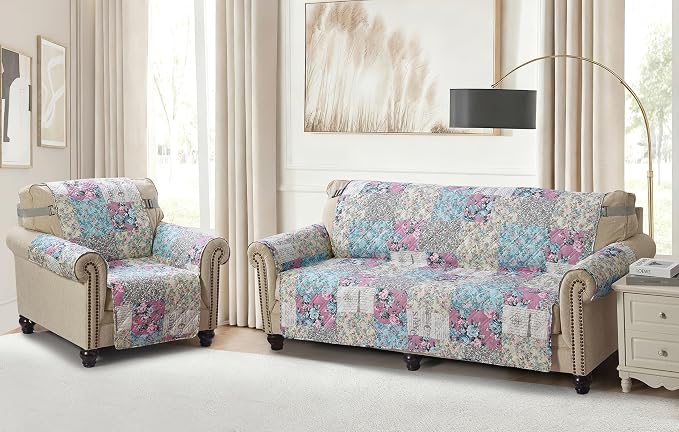 Brilliant Sunshine Lilac Rose & Egg Blue Toile Recliner Cover, 26" seat | Quilted Sofa Cover, Living Room & Bedroom Furniture Protector, Washable Reclining Chair Slipcover for Pets, Dogs & Cats