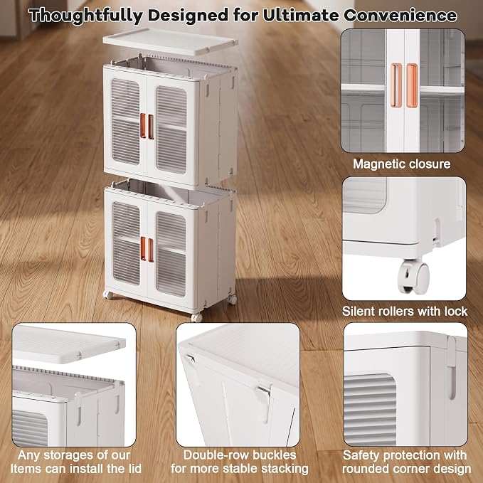 3-Tier Tall Narrow Plastic Storage Cabinet, Foldable | Rolling Organizer with Lid,Doors,Stackable, Adjustable Shelves, Durable PP,Freestanding Bathroom Cabinet for Small Slim Space