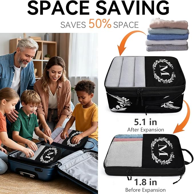 Letter M 6 Set Compression Packing Cubes Natural Floral Design Expandable Packing Organizer for Travel Accessories Luggage Suitcase Bag