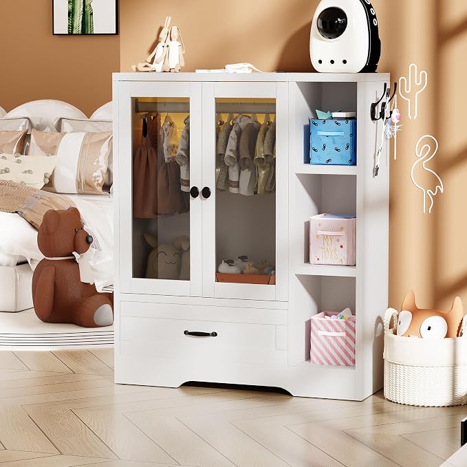 Pet Wardrobe Cabinet, Dog Clothes Closet with RGB LED, Acrylic Door & Drawer, MDF Wooden Storage Organizer for Cat Dog, White