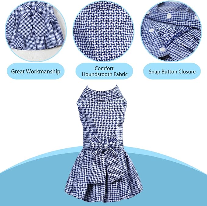 Classic Plaid Dog Dress with Bow Tie for Small Dogs Cats Girls, Cute Puppy Dresses Clothes with Bowknot Chihuahua French Bulldog Pet Apparel Outfits (Blueberry Blue, Large)