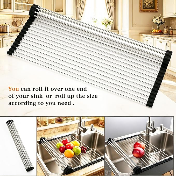 Ahyuan Roll up Dish Drying Rack Over The Sink Kitchen Roll up Sink Drying Rack Portable Dish Drainer Foldable Dish Drying Rack (Black, 20.5''X16.9'')