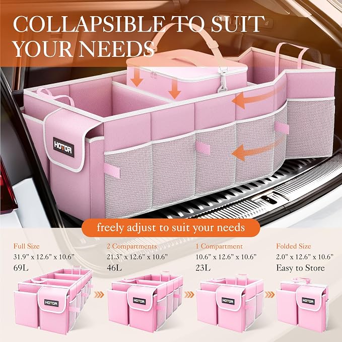 HOTOR Trunk Organizer, Sturdy Foldable with Cooler for Car, Sudan & SUV | Car Organizers and Storage, Detachable Cooler Bag, for Tools, Camping, 3 Compartments, Pink, 31.5” x 12.6” x 10.6”