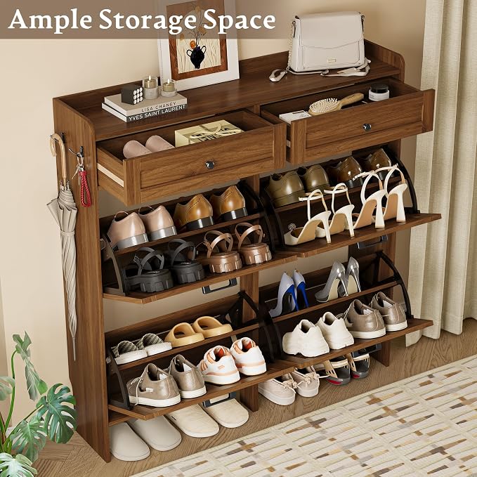 BORNOON Shoe Storage Cabinet for Entryway, Farmhouse Wide Shoe Cabinet with 4 Flip Drawers and 2 Top Drawers, Freestanding Organizer with Adjustable Shelves, Hooks, and Anti-Tip Kit for Hallway