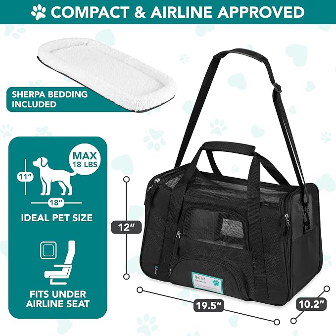 PetAmi Airline Approved Pet Carrier for Cats & Small Dogs, Large, Black | Soft Sided TSA Travel Bag, Sherpa Bed, Breathable Mesh Ventilation, Collapsible Bowl, Fits Under Seat, Up to 18 lbs