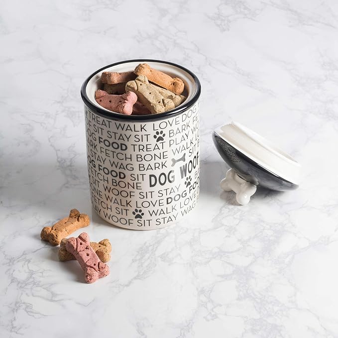 Bone Dry Dog Bone Ceramic Pet Bowl & Canister, Canister, 5.5x5.5x8.25, Black/White