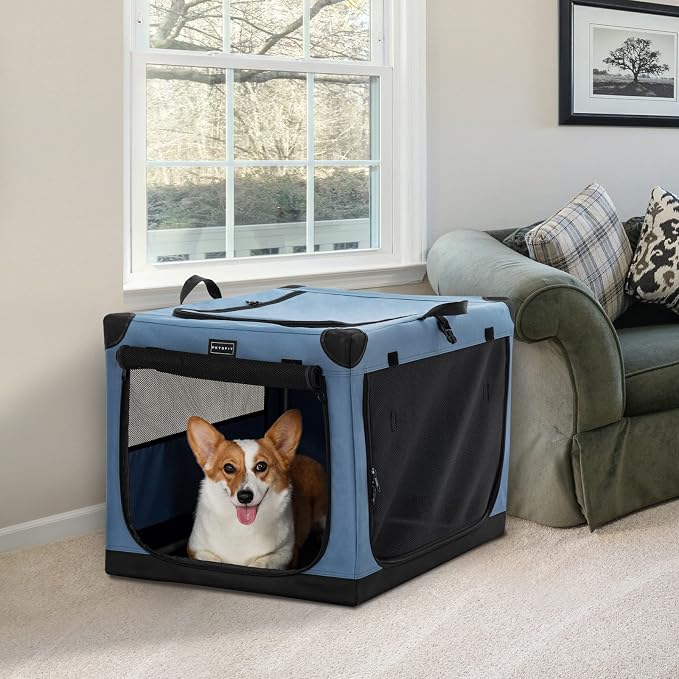 PETSFIT 30" Soft Portable Dog Crate – Patented Spiral Sturdy Frame, Collapsible Travel Kennel for Medium Dogs, 3 Mesh Door, Lockable Zippers, Indoor & Car Use Blue
