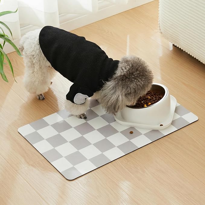 Ralxion Checkered Dog Feeding Mat, Absorbent Mats for Dog Food and Water Bowl, Dispenser, Feeder, Retro Aesthetic Grey Checkerboard Pet Placemat for Dogs, Cats, Puppy Accessories, 16" X 24”