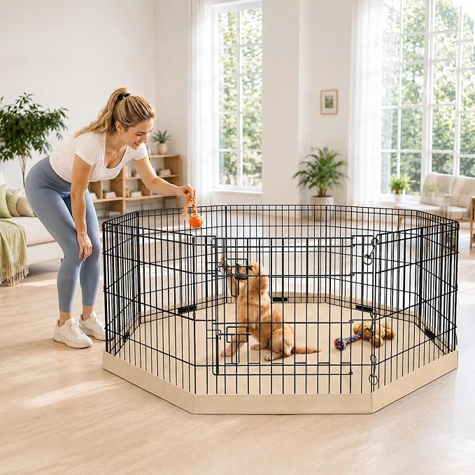 PETIME Foldable Metal Dog Exercise Pen/Pet Puppy Playpen Kennels Yard Fence Indoor/Outdoor 8 Panel 24" W x 30" H with Bottom Pad